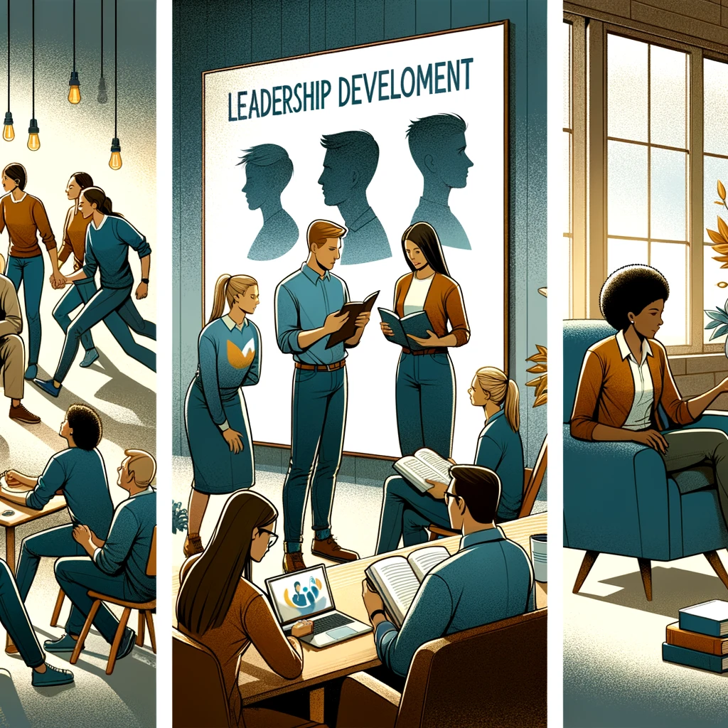 DALL·E 2024-02-02 15.27.53 - A series of three images illustrating leadership development. The first image shows a diverse group of individuals in a workshop setting, engaging in DALL·E 2024-02-02 15.27.53 - A series of three images illustrating leadership development. The first image shows a diverse group of individuals in a workshop setting, engaging in